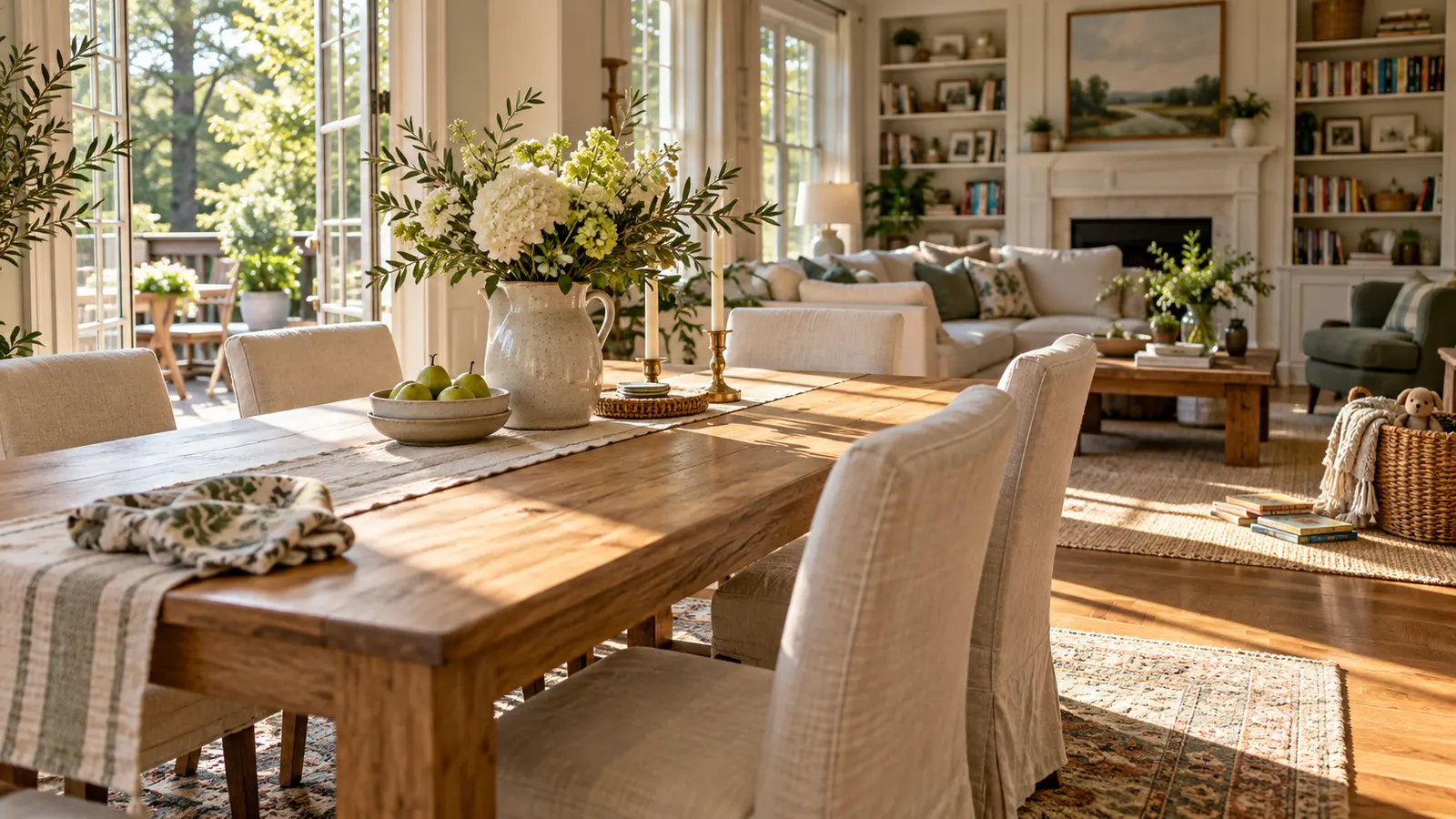 Warm dining and living room, freshly cared for and ready for family time